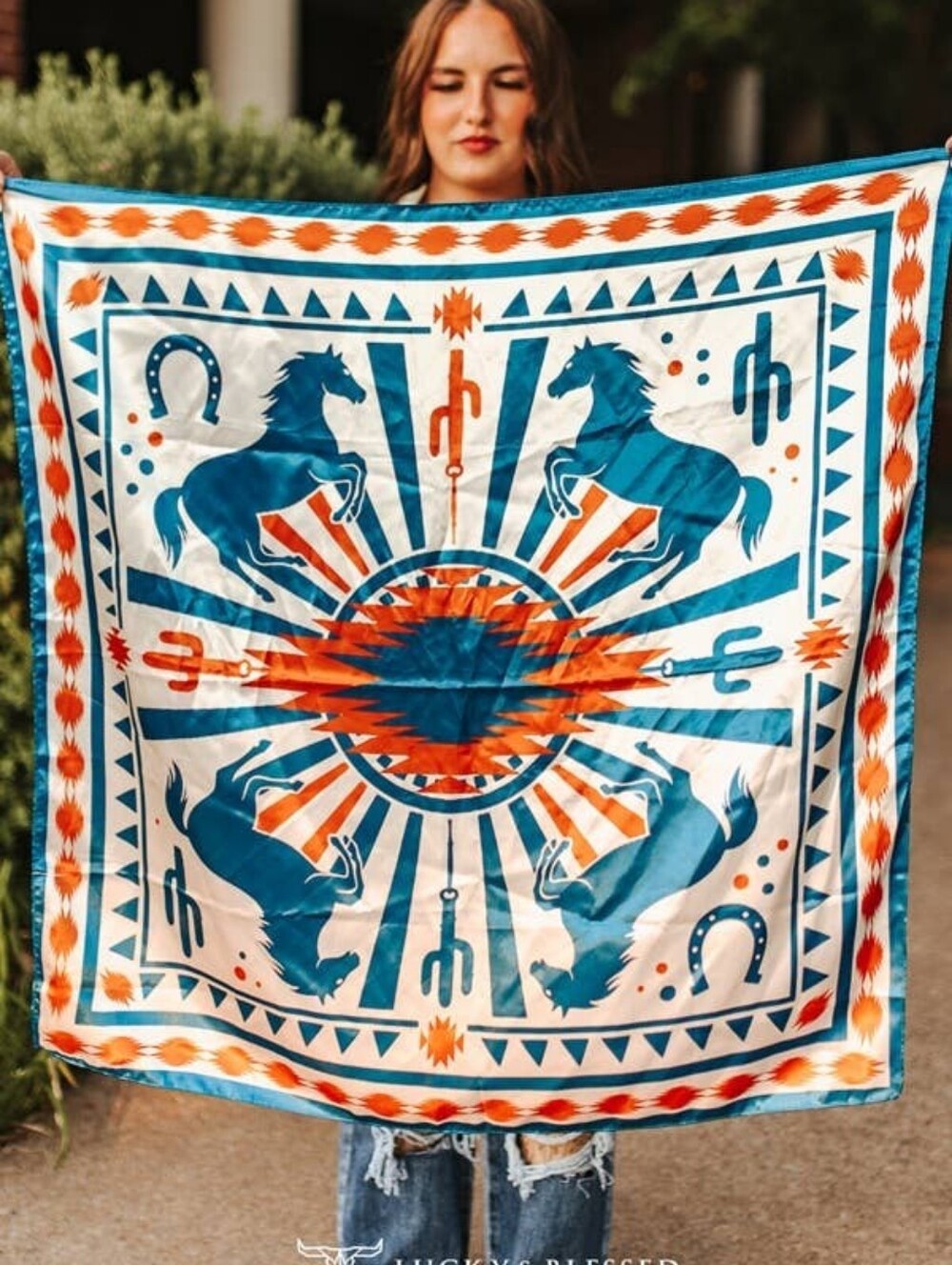 NEW Teal, Orange And Ivory Horse Aztec Printed Wild Rag Bandana Scarf